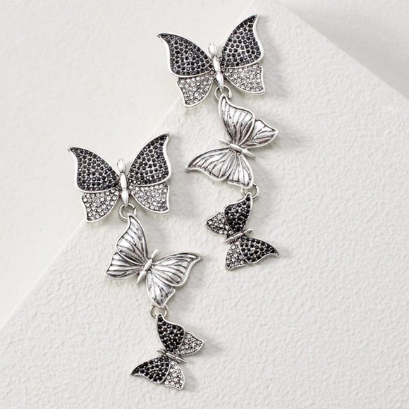 White House Black Market Jewelry - WHBM * Butterfly BLACK CRYSTALS Silvertone Earrings